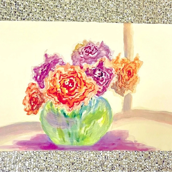 Original Watercolor Painting NWOT Flowers In Vase Ready To‎ Frame - Picture 2 of 6